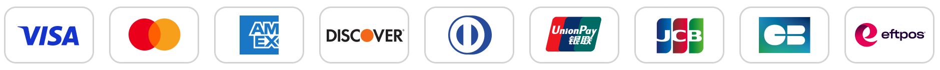 Accepted payment methods - Visa, Mastercard, Amex, Discover, Diners Club, UnionPay, JCB, CB, eftpos